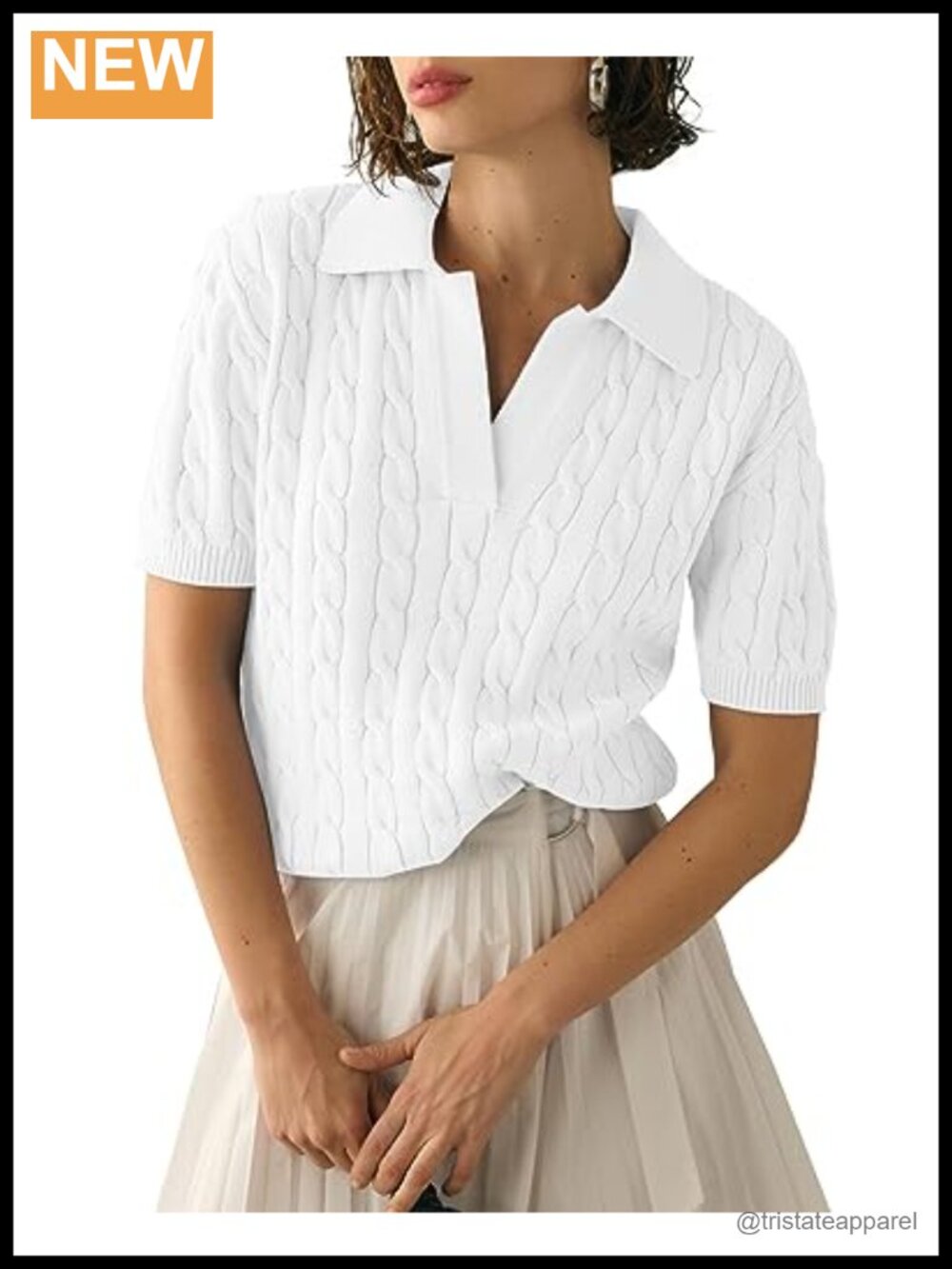 Cable Knit Short Sleeve Sweater Top Lapel V Neck Pullover